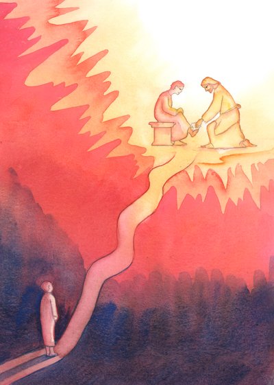 En person som av kjærlighet til Gud elsker og tjener sin neste, går en hard vei mot himmelen, med bratte stigninger, 2004 (w/c på papir) av Elizabeth Wang