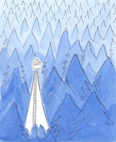En ranger i et vakttårn bor i en oase av lys midt i et dystert, kaldt, mørkt landskap, 2003 (w/c på papir) av Elizabeth Wang