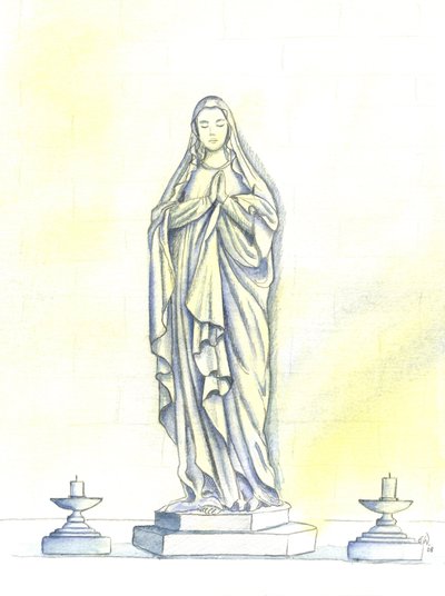 En statue av den hellige jomfru Maria, 2001 (w/c på papir) av Elizabeth Wang