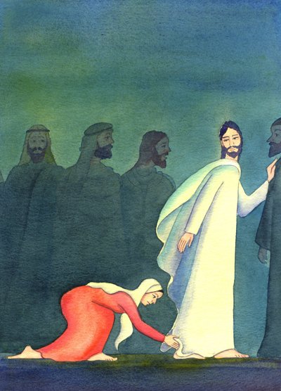 En kvinne tenkte for seg selv: "Hvis jeg bare kan røre ved kanten av plagget hans, skal jeg bli helbredet", 2001 (w/c på papir) av Elizabeth Wang