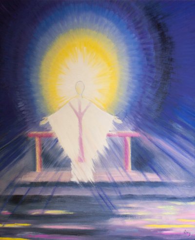 Etter innvielsen ved messen er Jesus Kristus, sann Gud og sant menneske, tilstede hos oss i all hans herlighet, 2000 (olje om bord) av Elizabeth Wang