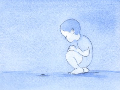 Alle merkelige skapninger, som insektet dette barnet observerer, ble laget av Guds gavmildhet og til glede for mennesker; men nå er vi ufullkomne og naturforstyrrede, 2002 (w/c på papir) av Elizabeth Wang