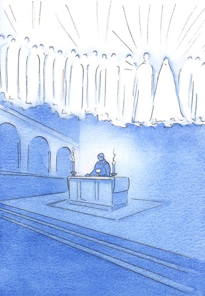 Alle som ber oppriktige bønner, under messeofferet, ber gjennom Kristus og med himmelens hellige, 2002 (w/c på papir) av Elizabeth Wang