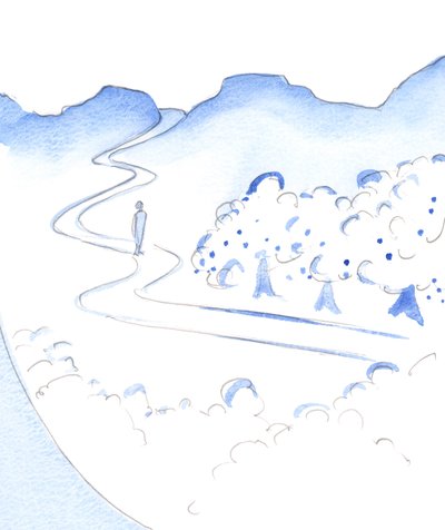 Midt i det åndelige livets høye fjelltopp er en fruktbar dal: Guds hage. "This is Eden", 2002 (w/c på papir) av Elizabeth Wang