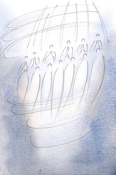Engler omringet helligdommen og ba under himmelens lys., 2001 (w/c på papir) av Elizabeth Wang