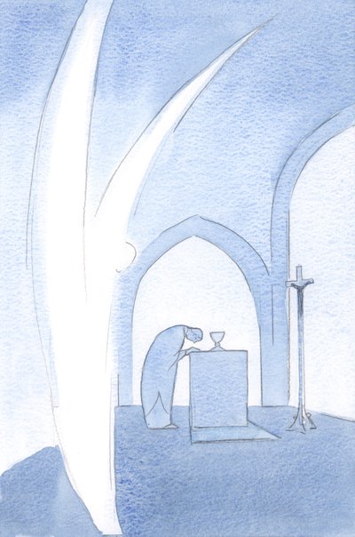 Engler ærer verdigheten til Kristi elskede folk; de bøyer seg i hilsen, 2000 (w/c på papir) av Elizabeth Wang
