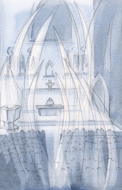 Engler tilber med oss i den hellige messe, bøyer seg for den som døde og sto opp igjen, 2000 (w/c på papir) av Elizabeth Wang