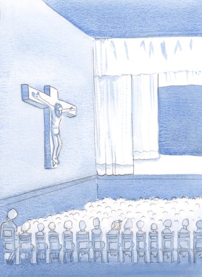Som et ikke-katolsk barn på en katolsk skole pleide jeg å se på figuren på korset, og lurte på hvem han var, og hvorfor han var der, 2000 (w/c på papir) av Elizabeth Wang