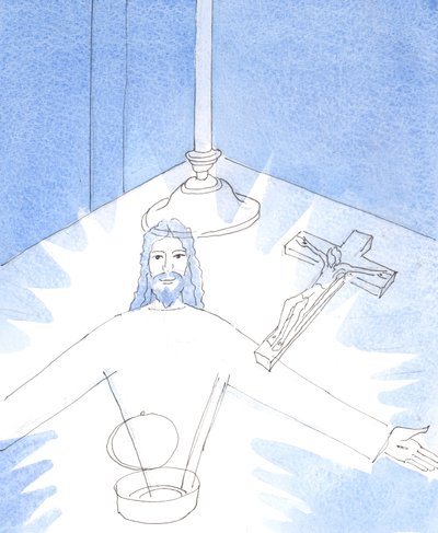 Så snart pyxen ble åpnet, og jeg forgudet Jesus, virkelig til stede i den hellige hær, ble jeg vist det gledelige synet av Jesus selv, som rakte ut armene for å hilse på meg., 2004 (w/c på papir) av Elizabeth Wang