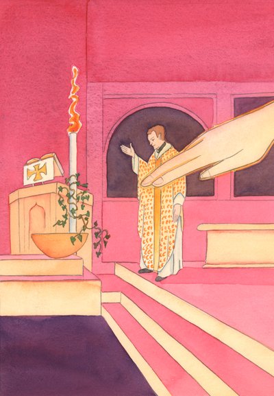 Mens presten rakte ut hånden for å velsigne vannet i fonten, i påsken, rakte Gud Fader ut hånden og rørte ved vannet, 2002 (w/c på papir) av Elizabeth Wang