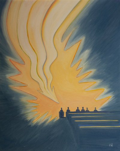 Ved nattverden kommer en stor flamme, som en pil, ned over oss når Kristus kommer oss i møte i Åndens kraft, 2001 (olje om bord) av Elizabeth Wang
