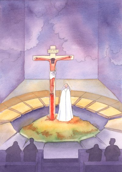 Ved hver messe er vi til stede for offeret som én gang ble ofret på Golgata, da Kristus led og døde for oss, mens hans mor sto ved hans side, 2005 (akvarell på papir) av Elizabeth Wang