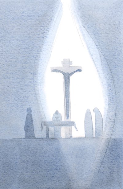 Ved hver messe blir vi tilstede for det ene Golgata-offeret, som om et gardin blir delt opp i vårt nærvær, 2001 (w/c på papir) av Elizabeth Wang