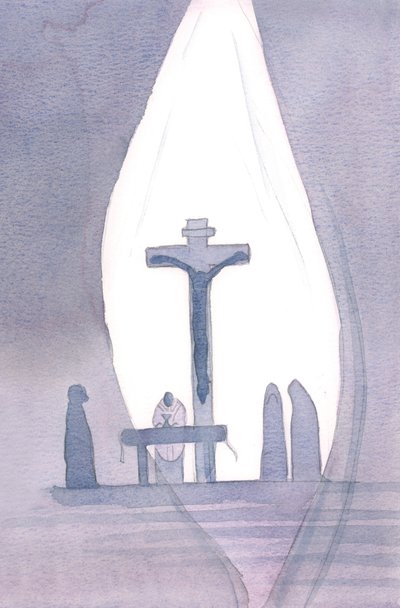 Ved hver messe blir vi tilstede for det ene Golgata-offeret, som om et gardin blir delt opp i vårt nærvær, 2001 (w/c på papir) av Elizabeth Wang