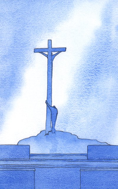 Ved hver messe står vi ved siden av Kristus korsfestet for vår frelse, 2002 (w/c på papir) av Elizabeth Wang