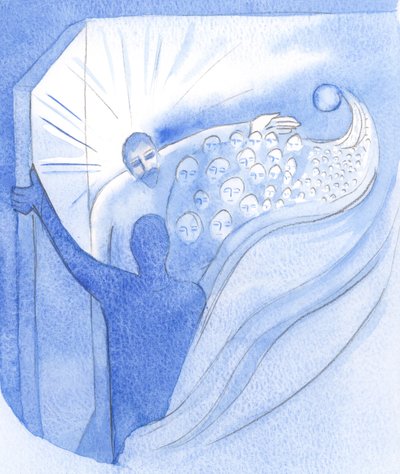 Ved himmelfarten vendte Kristus, vår bror, tilbake til Faderen i triumf og åpnet en vei til himmelen for oss, 2001 (w/c på papir) av Elizabeth Wang