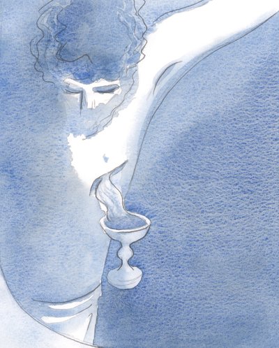 Ved innvielsen så jeg hans dyrebare blod strømme fra hans sårede side, 2001 (w/c på papir) av Elizabeth Wang