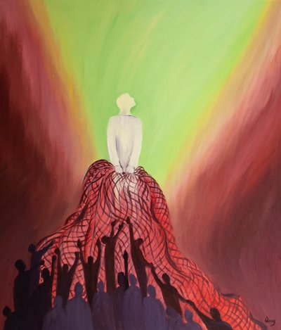 Ved messen, som en fisker, trekker Jesus inn i sitt rike de som elsker ham, 2001 (olje om bord) av Elizabeth Wang