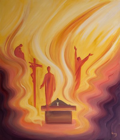 Ved messen er vi til stede for hvert mysterium i Kristi liv, 2001 (olje om bord) av Elizabeth Wang