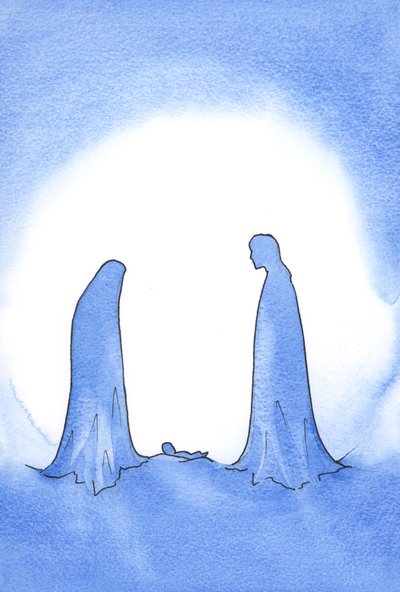 Ved synet av den mirakuløse babyen (hvis mor sto foran ham i fortsatt jomfruelig hellighet) ble St. Joseph kraftig belønnet for sin tro., 2001 (w/c på papir) av Elizabeth Wang