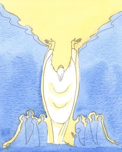 Fordi Jesus Kristus er Gud så vel som menneske, og tilstede blant oss ved messe, 2003 (w/c på papir) av Elizabeth Wang