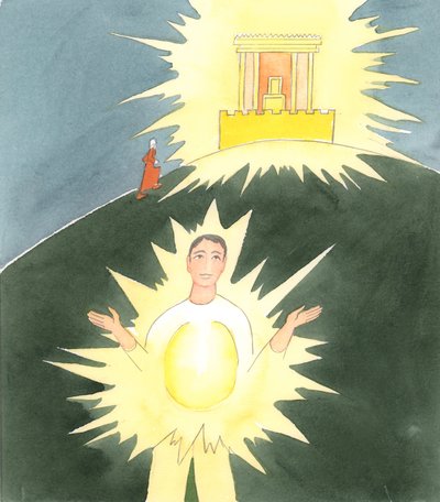 Før Kristi tid måtte folk gå til tempelet i Jerusalem for å være der Gud hadde kommet ned på en spesiell måte, 2004 (w/c på papir) av Elizabeth Wang