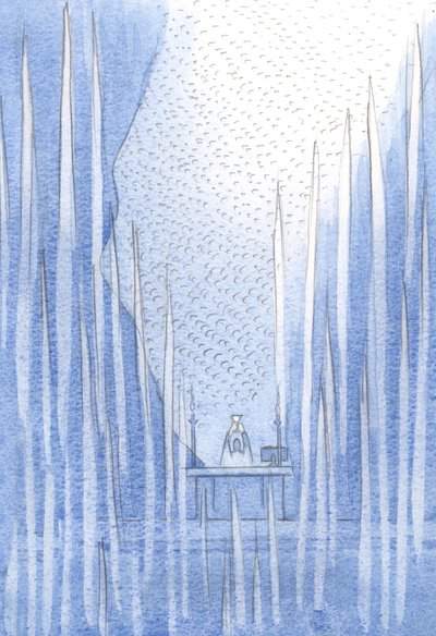 Foruten tilbedere og engler var det en del av sløret; tusenvis av hellige sjeler priste Faderen gjennom Kristus., 2001 (w/c på papir) av Elizabeth Wang