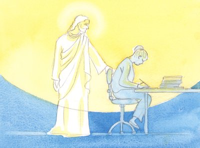 Ved Guds nåde kan hver dag tilbringes i Kristi selskap, som om man lever halvveis inn i himmelen, gjennom hvert øyeblikk med arbeid og bønn, 2002 (w/c på papir) av Elizabeth Wang