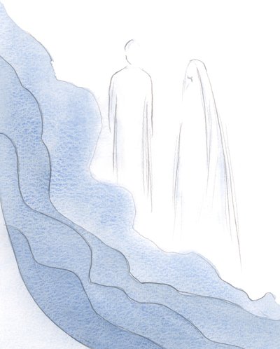 Ved hver bekjennelse, før Kristus, av en sann svakhet, trekker vi til side enda et av slørene som skjuler ham., 2001 (w/c på papir) av Elizabeth Wang
