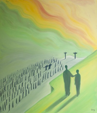 Ved å meditere på Kristi lidenskap blir vi takknemlige for ham og medfølende med andre, 2000 (olje om bord) av Elizabeth Wang