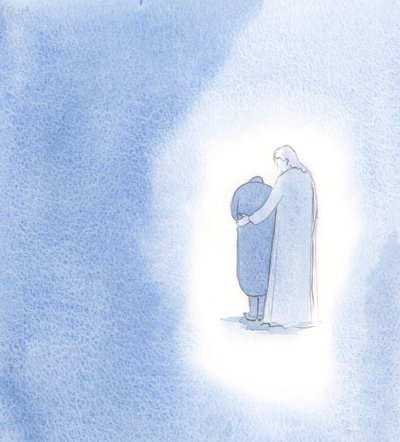 Ved mine lidelser, sa Kristus, båret i forening med ham, var det som om jeg fødte andres tro., 2000 (w/c på papir) av Elizabeth Wang