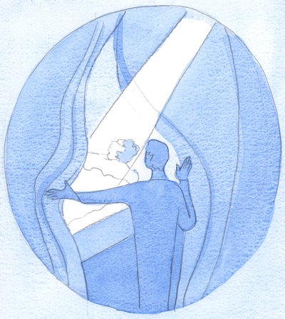 Ved våre inderlige bønner til Vår Velsignede Frue, er det som om vi holder mørkets tråder til side, for å la Himmelens lys skinne ned over de trengende, 2002 (w/c på papir) av Elizabeth Wang