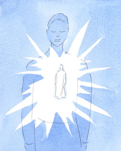 Ved Den Hellige Ånd er Kristus tilstede i den døptes sjel, og skinner ut sin kjærlighet og visdom, og stråler ut sjelen med guddommelig glede og godhet., 2004 (w/c på papir) av Elizabeth Wang