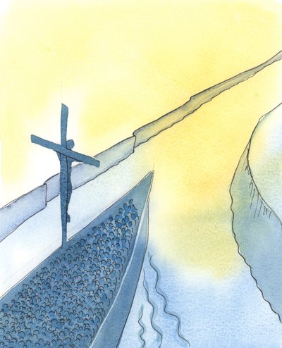 Ved kraften av Kristi offer, under den hellige messe, gjennomborer Kristus himmelen og bringer oss alle nærmere Faderen - akkurat som når et stort skip går inn i en elvemunning for å bringe hennes dyrebare last hjem., av Elizabeth Wang
