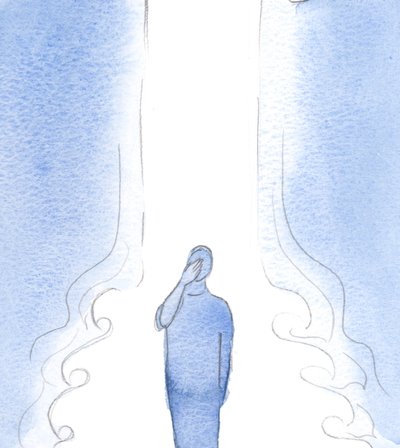 Ved korsets tegn, og aksept av en apostolisk velsignelse, strømmet Guds kraft ut, med en økning av nåder og salighet., 2001 (w/c på papir) av Elizabeth Wang