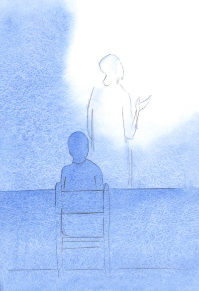 Kristus - ryggen mot meg - vender mot Faderen og ber vår takksigelse og nåde før måltider, 2001 (w/c på papir) av Elizabeth Wang
