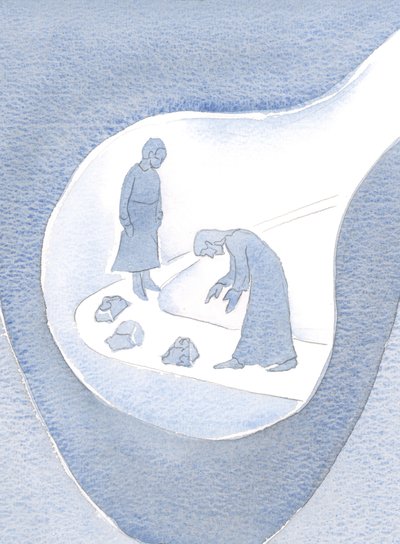 Kristus selv, i sin ydmykhet, bøyer seg for å hjelpe oss, igjen og igjen; rette opp feilene våre - "søppelet vårt", 2000 (w/c på papir) av Elizabeth Wang