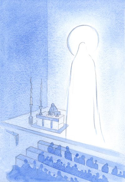 Kristus og hans hellige mor er i live, i himmelen nå, strålende. Å bli slik glorifisert er å være majestetisk, og perfekt på alle måter, 2001 (w/c på papir) av Elizabeth Wang