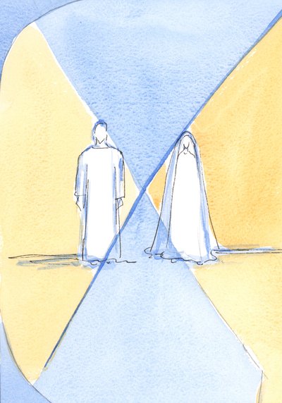 Kristus og hans hellige mor er skaper og skapning, men Kristus, gudsmennesket, "skylder" Maria sin menneskelige natur, hans kjøtt og blod, 2002 (w/c på papir) av Elizabeth Wang