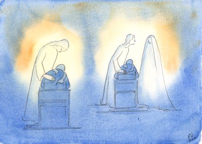 Kristus og hans mor er fornøyd hver gang vi henvender oss til dem med enkelheten og tilliten til et barn, 2003 (w/c på papir) av Elizabeth Wang