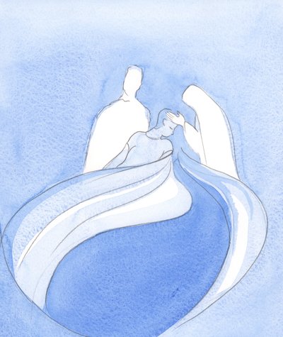Kristus og Vår Frue er som himmelske tjenere, og hjelper oss mens noe fantastisk blir født av åndelig uro og utholdenhet, 2002 (w/c på papir) av Elizabeth Wang
