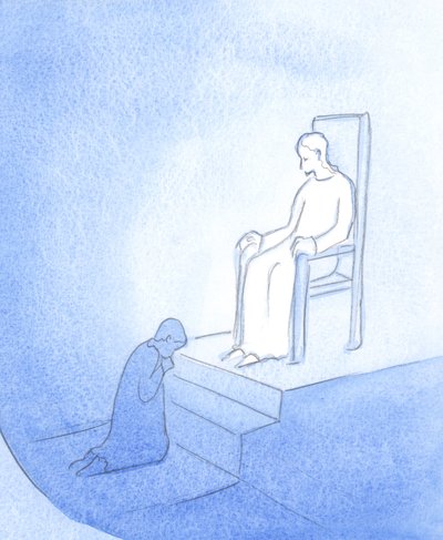Kristus dukket opp som en konge, og tillot meg å sitte ved hans føtter som en angrende, 2000 (w/c på papir) av Elizabeth Wang