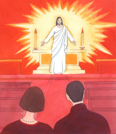 Kristus ba meg si til andre mennesker: «Hvis dere kunne se Jesus i helligdommen, se på dere når dere kommer inn, ville dere gjort bedre knefall», 2005 (akvarell på papir) av Elizabeth Wang