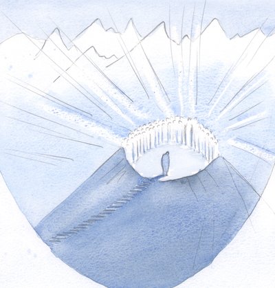 Kristus brakte min sjel til en fjelltopp og til sitt hellige selskap; hvor mange kompromisser og feil (har jeg lært) hadde forlenget reisen min., 2001 (w/c på papir) av Elizabeth Wang