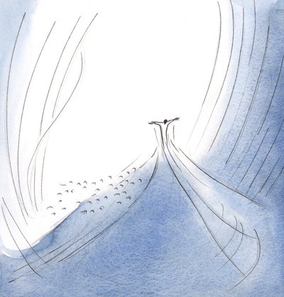 Kristus kommer ut fra Faderens hjerte, ut for å nå oss som er så langt fra Gud. Han trekker oss inn i den guddommelige omfavnelse., 2001 (w/c på papir) av Elizabeth Wang