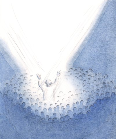 Kristus er tilstede her med oss i messen, virkelig menneskelig, fra vår midte og ofrer sitt opphøyde offer på vegne av sine brødre og søstre., 2001 (w/c på papir) av Elizabeth Wang