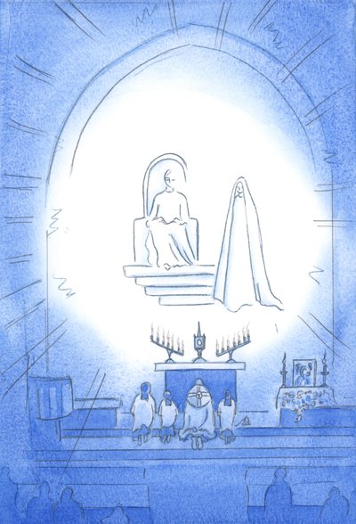 Kristus troner over oss, i herlighet, ved vår Novena og velsignelse, som er som en himmelsk fest. Vår mor Mary står glad i nærheten, 2002 (w/c på papir) av Elizabeth Wang