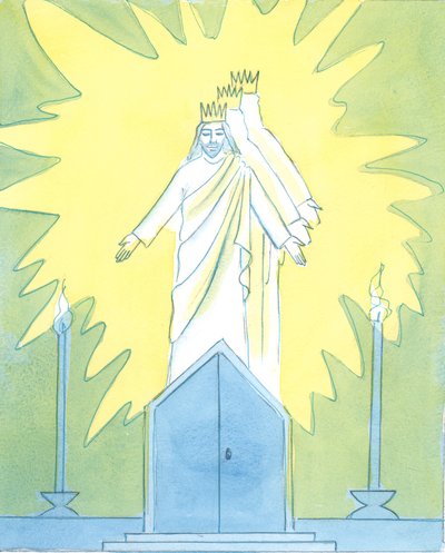 Kristus er fornøyd med vår hengivenhet til ham ved tabernaklet, 2003 (w/c på papir) av Elizabeth Wang