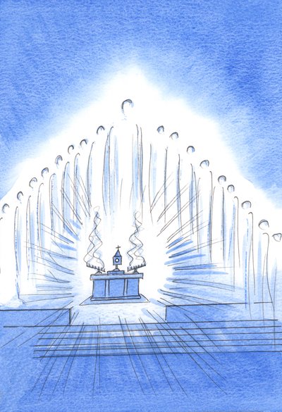 Kristus er tilstede med sine hellige engler ved vår novena og velsignelse; og Vår Frue gleder seg over vår uforskammede hengivenhet, 2002 (w/c på papir) av Elizabeth Wang