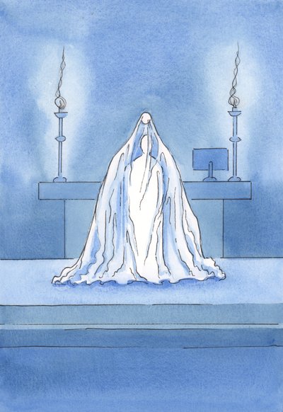Kristus er virkelig tilstede, men det er som om et slør skjuler ham for vårt blikk., 2001 (w/c på papir) av Elizabeth Wang